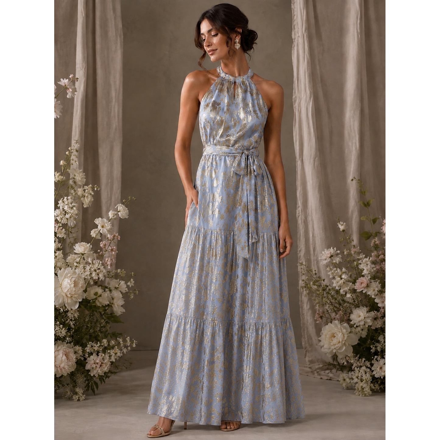 Ml Monique Lhuillier Nwt Sonoma Gown Blue Gold Silk Metallic Halter Formal- 12